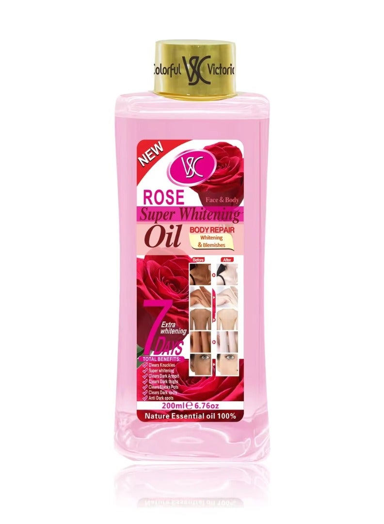 زيت الورد للتفتيح الفائق 200 مل لإصلاح الجسم وتفتيح البقع وزيت الإبطين الداكنة والفخذين والمفاصل الداكنة والبقع السوداء زيت تفتيح 100% زيت أساسي نقي للوجه والجسم